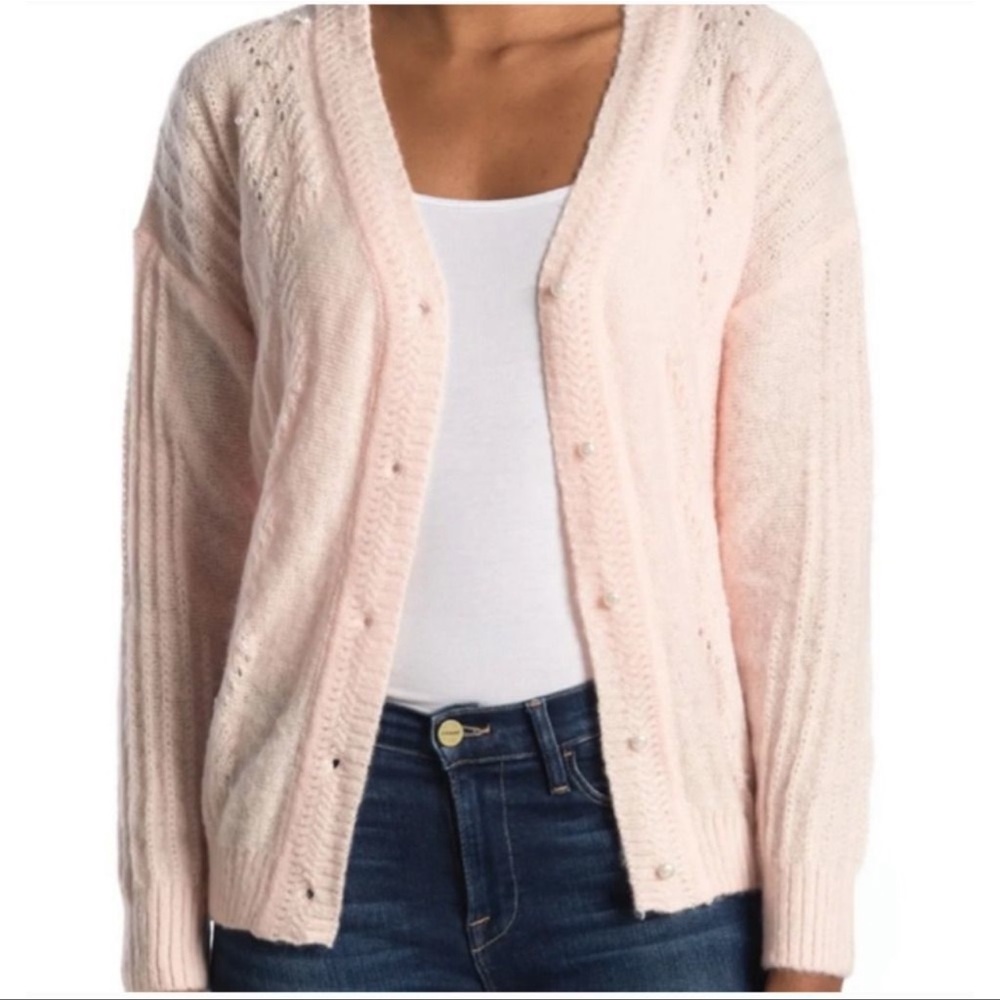 FRNCH Paris Pink Pointelle Knit Cardigan Pearl Button Sweater Medium